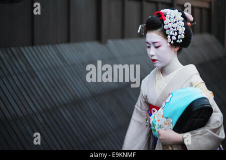 Geisha avvicinando una famosa casa da tè nel quartiere di Gion di Kyoto, Giappone. Foto Stock