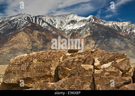 Red Canyon petroglifi Mtns bianco in dist, pesce Slough Road vicino al Vescovo, Owens Valley, Deserto Mojave, CALIFORNIA, STATI UNITI D'AMERICA Foto Stock