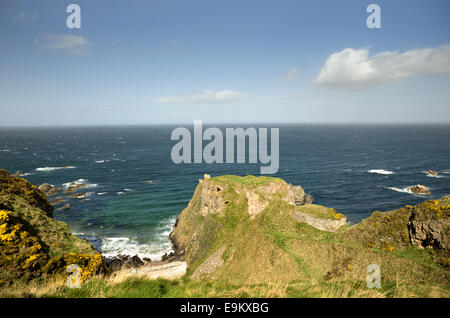 Le rovine del castello di Findlater siede in cima alla scogliera affacciato sul Moray Firth in Banff e Buchan coast Foto Stock