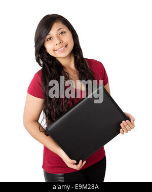 Adolescente con una cartella nero isolato su bianco Foto Stock