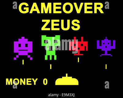 Gameover Zeus concetto di virus utilizzando i Invaders dello spazio gioco. Foto Stock