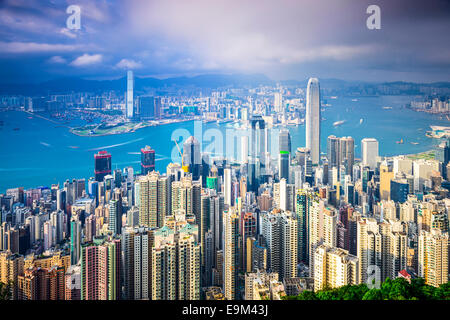 Hong Kong Cina skyline della città dalla vetta. Foto Stock