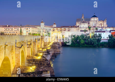 Cordoba, Spagna vista del Ponte Romano e Moschea-cattedrale sul fiume Guadalquivir. Foto Stock