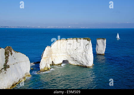 Yacht passando il vecchio Harry rocce vicino a Swanage, Dorset. Foto Stock