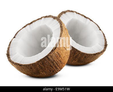 Noce di cocco con metà isolato su sfondo bianco Foto Stock