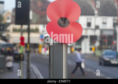 Londra, Regno Unito. Il 30 ottobre, 2014. Papaveri rossi decorano le fermate degli autobus lungo il torneo di Wimbledon High street in preparazione al Giorno del Ricordo commemorazioni Credito: amer ghazzal/Alamy Live News Foto Stock