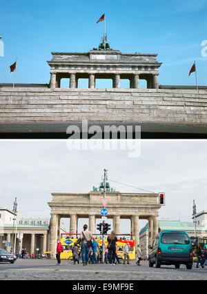 L'immagine composita mostra la Porta di Brandeburgo dietro una parete di tondi per cemento in 1962 (top) e la stessa posizione, la Porta di Brandeburgo senza la parete in calcestruzzo su 10 Ottobre 2014 a Berlino, Germania. Foto: Zettler/Lukas Schulze/dpa Foto Stock