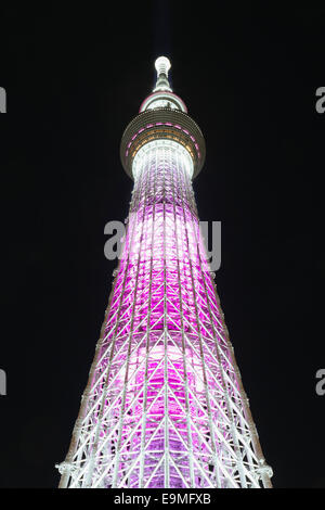 Basso angolo di vista illuminata Skytree Tokyo di notte Foto Stock