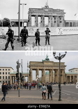 L'immagine composita mostra tedesco-occidentale della polizia di frontiera in piedi di fronte ad un muro di Berlino con la Porta di Brandeburgo (indietro) il 17 giugno 1987 (in alto) e la stessa posizione su 13 Ottobre 2014 a Berlino, Germania. Foto: Wolfgang Kumm/dpa Foto Stock