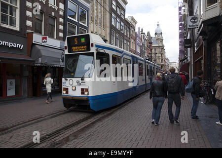 Il tram costeggia Leidsestraat, la strada più alla moda nel centro di Amsterdam, Paesi Bassi. Foto Stock