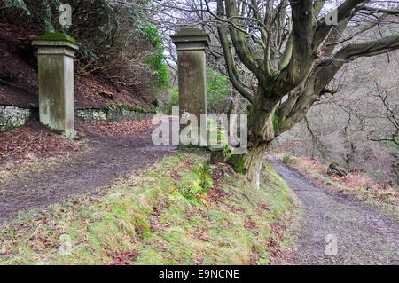 Vecchia entrata a Errwood Hall nel Goyt Valley, Derbyshire. Imponenti pilastri di pietra accanto al percorso. Foto Stock