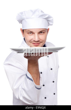 Lo chef tenendo la piastra a vuoto Foto Stock