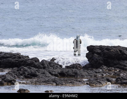 Mare il pescatore in piedi in onde Kauai Foto Stock