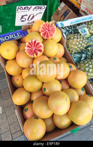 Una scatola di rosso rubino grapfruits presso un mercato della frutta in stallo Foto Stock