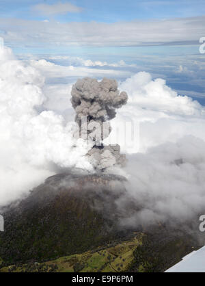 (141031) -- SANTA CRUZ DE TURRIALBA, Ottobre 31, 2014 (Xinhua) -- Immagine fornita dal sismologico della rete nazionale dei membri dell'Volcanological e Osservatorio sismologico della Costa Rica (OVSICORI, per il suo acronimo in spagnolo), di colonne di fumo che salgono dal vulcano Turrialba dopo un'eruzione, vicino a Santa Cruz de Turrialba, 65km a nord-est di San Jose, la capitale della Costa Rica, su Ott. 30, 2014. Il Vulcano Turrialba presentato una eruzione di cenere e pietre di giovedì, provocando la evacuazione dei residenti nella zona circostante, secondo la stampa locale. (Xinhua/Volcanologica Foto Stock