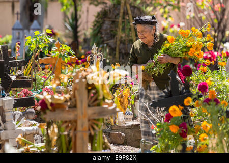 Un anziano zapoteco donna indigena organizza fiori e pulisce la tomba di parenti durante il Giorno dei Morti Festival noto in spagnolo come d'un de Muertos Ottobre 30, 2014 nel piccolo villaggio di Teotitian del Valle, Oaxaca, Messico. Foto Stock