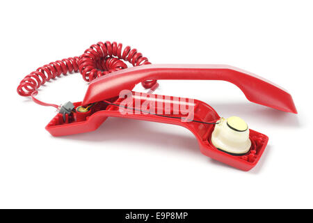 Aprire il ricevitore telefonico rosso che mostra i componenti interni Foto Stock