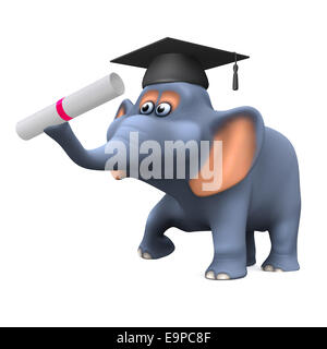 3D render di uno stile cartoon elephant indossando un mortaio board e portante un diploma Foto Stock