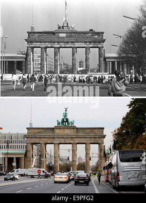 L'immagine composita mostra passanti nella parte anteriore del muro di Berlino alla Porta di Brandeburgo il 12 marzo 1987 e il traffico nella stessa posizione di Berlino, Germania, 17 settembre 2014. Foto: Wolfgang Kumm/dpa Foto Stock