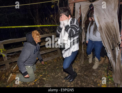 Montreal, Canada. 30 ott 2014. Una bambina spaventata reagisce in Halloween Haunted boschi della riserva Mohawk di Kahnawake vicino a Montreal, Canada, Ottobre 30, 2014. Più di dieci volontari che indossano costumi spaventosi spaventare e intrattenere i visitatori durante la stagione di Halloween qui. I due giorni di attività raccoglie anche cibo e donazioni per il cibo locale di banca. Credito: Andrew Soong/Xinhua/Alamy Live News Foto Stock