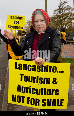 Blackpool, Regno Unito. Il 31 ottobre, 2014. Libera Frack Lancashire mascherato residenti locali Victoria Buchan contrari alla proposta di fracking dimostrando in costume al di fuori Maple Farm vivaio. La zona è riempita con segni Anti-Fracking eretto & pagato da imprenditore locale Signor Giovanni Toothill, che per sua stessa ammissione è ossessivo circa la sua obiezione fracking proposto presso il vicino Plumpton. Lancashire County Council è considerato Cuadrilla di pianificazione della domanda e incontrano forte resistenza della comunità. Credito: Mar fotografico/Alamy Live News Foto Stock