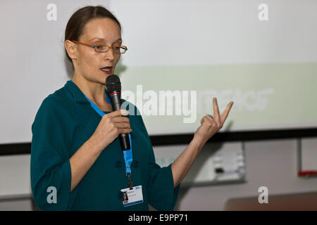 Copenhagen, Danimarca. Il 31 ottobre, 2014. Kaisa Kasonen, Greenpeace Clima e esperto di energia, parla a un briefing con la stampa a Copenaghen prima del rilascio del clima delle Nazioni Unite sintesi. Ella ha detto: "La buona notizia è che il cambiamento climatico le soluzioni sono pronti al rock". Credito: OJPHOTOS/Alamy Live News Foto Stock