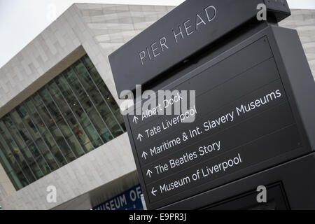 Segnaletica Wayfinding al Pier Head a Liverpool con il Museo di Liverpool in background. Foto Stock