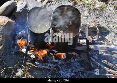 Cucina di pesce sul fuoco. Tourist fire, trivet, e due pot che cucinato la zuppa di pesce. Foto Stock