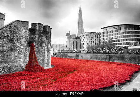 Il sangue spazzata di terre e mari del display rosso presso la Torre di Londra. Dissaturato per rimuovere il colore da edifici circostanti Foto Stock