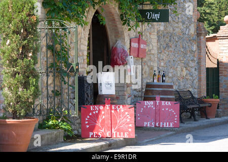 San Gimignano, Toscana, Italia. Segni colorati sul display al di fuori di una tipica enoteca rurale. Foto Stock