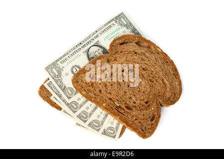 Due fette di pane condito con una cassa US Dollar Bills Foto Stock