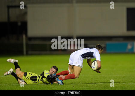 Galashiels, Regno Unito. 31 ott 2014. Campionato europeo di Rugby League Campionato Europeo Scozia RL vs Francia XII, Netherdale Galashiels Nathan Massey (Canterbury Bulldogs) ( Scozia RL ) Affronta Tony GIGOT ( Francia ) FFRXIII (Foto: Rob grigio) Credito: Rob grigio/Alamy Live News Foto Stock