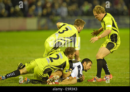 Galashiels, Regno Unito. 31 ott 2014. Campionato europeo di Rugby League Campionato Europeo Scozia RL vs Francia XII, Netherdale Galashiels Fulltime cliente 22-38 un emozionante ricche di azione seconda metà (Foto: Rob grigio) Credito: Rob grigio/Alamy Live News Foto Stock