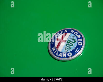 Alfa Romeo badge su uno sfondo verde Foto Stock