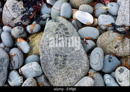 Footprint umido sul litorale di rocce di granito e ciottoli sulla spiaggia, Isola di Skye, le Western Isles della Scozia, Regno Unito Foto Stock