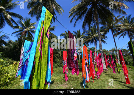 Maestro artigiano di asciugatura artigianato batik, dipinte a mano a mano sotto il sole tropicale. Foto Stock