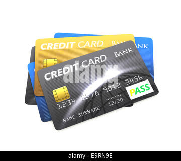 Risma di carta di credito isolati su sfondo bianco Foto Stock