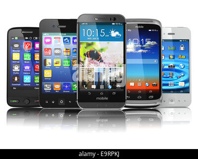 Scelta del telefono cellulare. Moderno diversi smartphone con touchscreen e applicazioni colorate isolati su sfondo bianco. 3d Foto Stock
