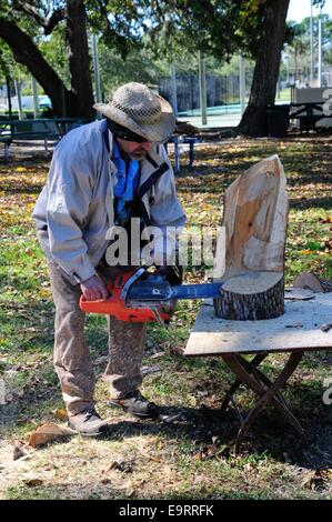 Una sega a catena scultore invia trucioli di legno battenti come lavora con parte del tronco di un albero Foto Stock