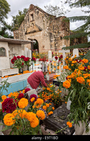 Una donna anziana decora a membri della famiglia tomba con fiori al cimitero Xoxocatian decorato con fiori e candele per il Giorno dei Morti Festival noto in spagnolo come d'un de Muertos su ottobre 31, 2014 in Oaxaca, Messico. Foto Stock