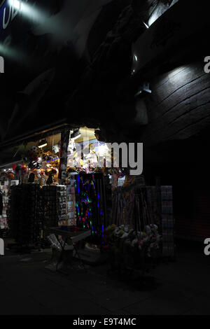 Ritratto notturno aprire negozio di articoli da regalo vendita di sfere, giocattoli, glow sticks, Sea Life Centre, Central Promenade, Blackpool luminarie, REGNO UNITO Foto Stock