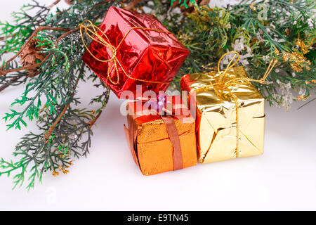 Scatole di natale e Abete rami su sfondo grigio. Foto Stock