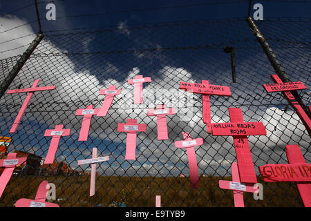 EL ALTO, la Bolivia, il 2° novembre 2014. Croci con i nomi delle donne contro il cielo su di una maglia a filo recinzione, parte di un memoriale per le vittime recenti di femicide e la violenza domestica contro le donne. Secondo un rapporto dell OMS nel gennaio 2013 la Bolivia è il paese con il più alto tasso di violenza contro le donne in America Latina. Credito: James Brunker / Alamy Live News Foto Stock