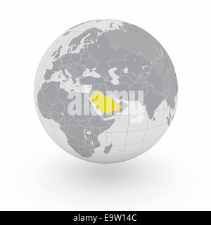 Arabia Saudita sul globo terrestre isolato su sfondo bianco Foto Stock