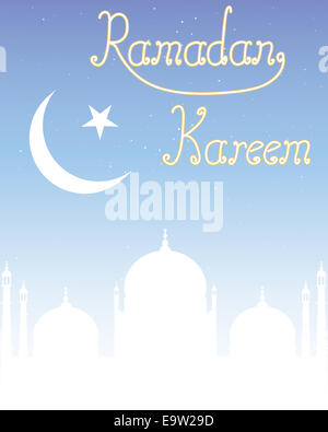 Una illustrazione di un festival di Ramadan greeting card con la moschea e la mezzaluna simbolo su un cielo stellato sfondo Foto Stock