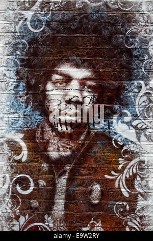 Un graffiti di Jimi Hendrix, a Londra, in Inghilterra. Foto Stock