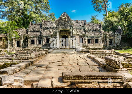Preah Khan fu costruita nel 1191 durante il regno del Re Jayavarman VII. La centrale di tempio Buddista incluso un'immagine dell'Boddh Foto Stock