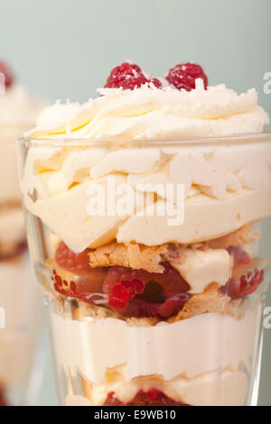 Lampone, limone e cocco deserto a sfondo blu Foto Stock