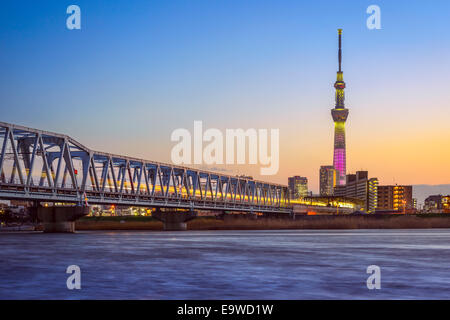 Tokyo, Giappone del fiume e dello skyline di torre. Foto Stock