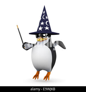 3D render di un pinguino che indossa un cappello di procedure guidate e galleggiante sopra il suolo con la sua bacchetta magica Foto Stock